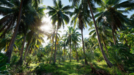 Stunning view of a tropical landscape with tall palm trees, lush greenery, and bright sunlight filtering through the canopy, creating a serene and tranquil atmosphere.の素材