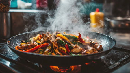 A vibrant stir-fry featuring fresh vegetables and chicken sizzling in a skillet. The steam rises as a flavorful meal comes to life in the kitchen.の素材