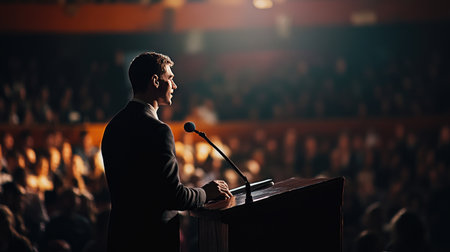 A professional speaker addresses an attentive audience at a conference, highlighting the power of public speaking and effective communication in a formal setting.の素材