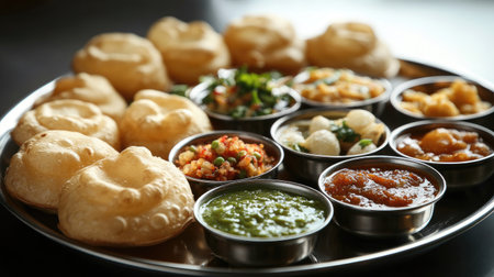 An enticing plate featuring a variety of traditional Indian street food, showcasing delicious snacks, colorful dips, and a blend of savory flavors.の素材