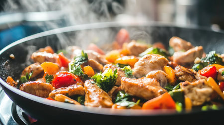 A vibrant chicken stir-fry showcasing tender pieces of chicken cooked with fresh vegetables. This colorful dish offers a healthy and flavorful meal option.の素材