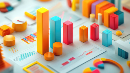 Vibrant 3D charts and graphs showcasing various metrics for effective data analysis. Ideal for business presentations and statistical reports.の素材