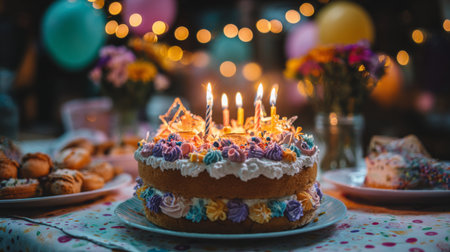 A decorated birthday cake with flickering candles sits at the center of a vibrant celebration. Surrounding flowers and lights create a joyful atmosphere perfect for any event.の素材
