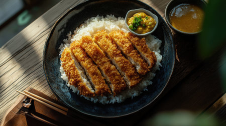 A delicious plate of crispy fried chicken served on rice, accompanied by flavorful sauce and green vegetables, perfect for a cozy meal.の素材