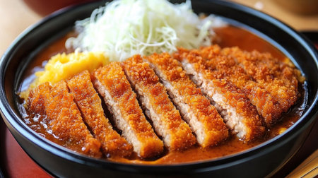 A delectable serving of katsu curry featuring a crispy pork cutlet, garnished with fresh cabbage and mustard, perfect for a hearty meal.の素材