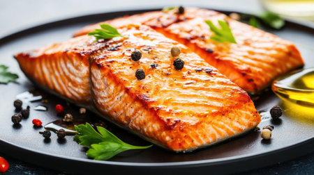 Juicy grilled salmon fillets garnished with herbs and spices, presented on a stylish plate, perfect for a healthy meal or gourmet dinner.の素材