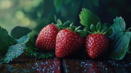 This beautiful image showcases fresh strawberries with dew droplets resting on green leaves, highlighting their vibrant color and appetizing appeal.の素材