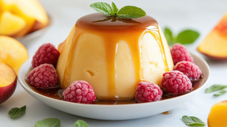 A delicious caramel pudding topped with fresh raspberries and mint leaves, perfect for summer desserts. Enjoy the creamy texture and vibrant colors!の素材