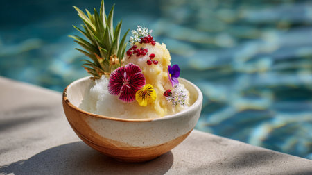 Enjoy a delicious snow cone dessert decorated with fresh fruits and colorful edible flowers. Perfect for summer days by the pool, inviting and refreshing.の素材