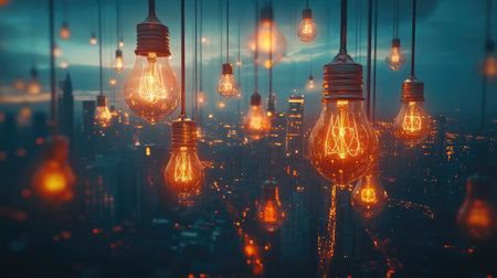 A stunning view of glowing light bulbs suspended above a city skyline at dusk, creating a warm and inviting atmosphere amidst the urban landscape.の素材