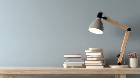 A serene workspace featuring a stylish desk lamp illuminating a stack of books, creating a cozy atmosphere perfect for reading or studying with a minimalist touch.の素材