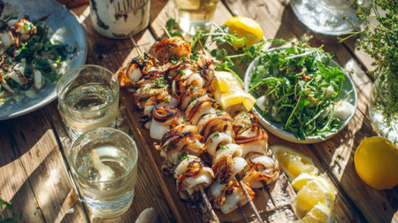 A vibrant display of grilled seafood skewers served with fresh lemon slices and greens, perfect for summer gatherings, outdoor feasts, and delicious dining experiences.の素材