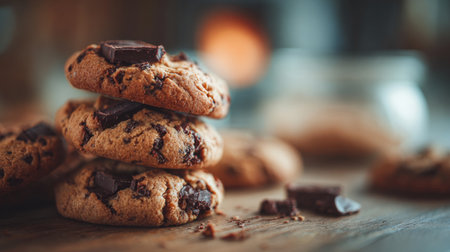 A beautifully arranged stack of chocolate chip cookies evokes warmth and comfort in a rustic kitchen setting, inviting indulgence with their golden-brown texture.の素材