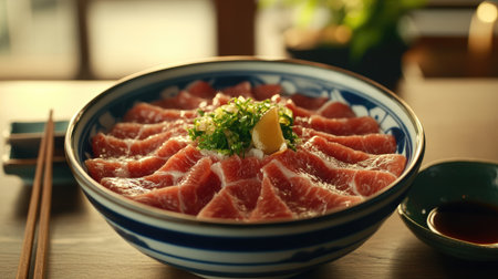 A vibrant sashimi bowl featuring fresh slices of fish garnished with green onions and lemon, perfect for showcasing Japanese cuisine and healthy dining.の素材
