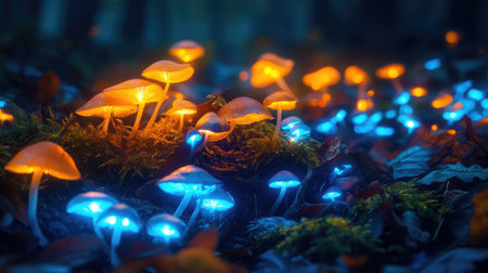 A captivating scene of glowing mushrooms illuminating a mystical forest floor. Vibrant colors and enchanting light create a magical atmosphere in nature.の素材