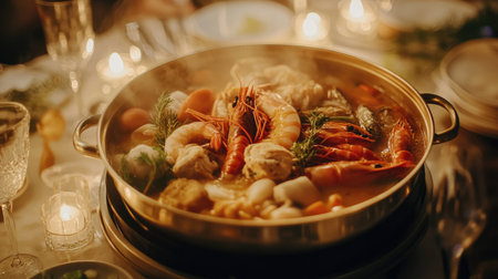 A beautiful seafood dish prepared with fresh ingredients, featuring shrimp, crab, and lobster. Perfect for festive gatherings or intimate dinners.の素材