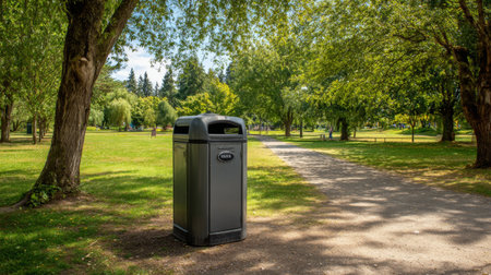A solitary trash bin stands neatly in a vibrant green park, surrounded by tall trees and a winding gravel pathway, embodying the essence of outdoor cleanliness and nature.の素材