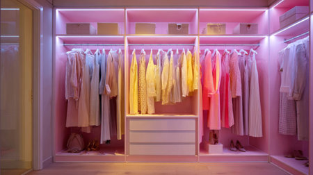 Discover a beautifully designed closet space featuring stylish clothes, elegant hangers, and soft pink lighting, perfect for fashion lovers and organization enthusiasts alike.の素材