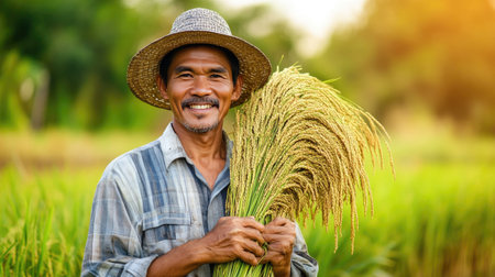 A smiling farmer holds freshly harvested rice in a lush green field at sunset, reflecting joy and satisfaction in agricultural life and nature.の素材
