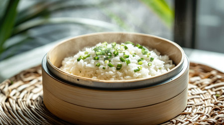 A close-up view of fluffy steamed rice in a bamboo steamer, garnished with fresh green onions, evoking warmth and comfort in a culinary setting.の素材