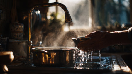 A serene morning kitchen scene showcasing hands pouring water into a pot, illuminated by soft sunlight highlighting steam and creating a cozy atmosphere.の素材