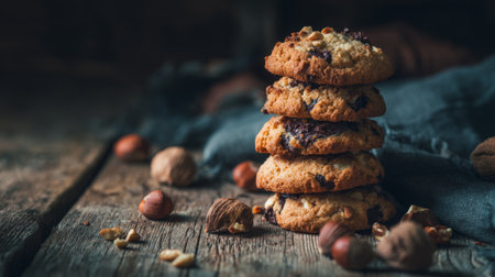 A mouthwatering display of stacked homemade cookies, perfectly baked and paired with nuts, set against a rustic wooden table with warm, inviting tones.の素材