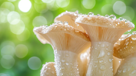 Close-up of fresh mushrooms adorned with water droplets against a soft green background, showcasing the beauty of nature and freshness in a serene environment.の素材