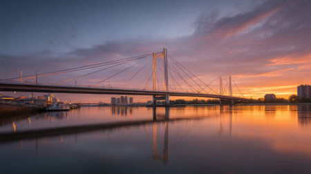 This breathtaking image showcases a modern bridge at sunset, reflecting beautifully on the calm river. The vibrant colors in the sky create a serene urban landscape perfect for travel enthusiasts.の素材