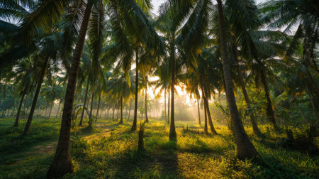 A breathtaking view of a coconut grove bathed in soft morning light, creating a tranquil atmosphere with mist rising in the lush green foliage of a tropical paradise.の素材