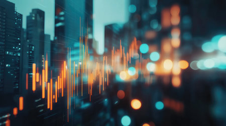 An artistic representation featuring sound wave patterns overlaying a blurred cityscape at night, highlighting urban vibrancy and modern technology.の素材