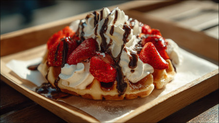 A beautifully plated dessert waffle, generously topped with juicy strawberries, fluffy whipped cream, and rich chocolate sauce, perfect for any sweet craving.の素材