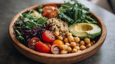 A vibrant salad bowl featuring a mix of quinoa, chickpeas, cherry tomatoes, creamy avocado, and fresh leafy greens, perfect for nutritious meals and healthy lifestyles.の素材