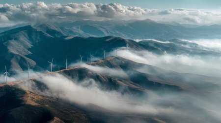 Breathtaking aerial photo showcases wind turbines on rugged mountain terrain, enveloped in fog, with dramatic cloud formations creating an extraordinary landscape.の素材