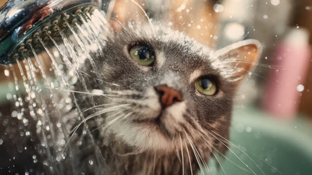 A delightful close-up of a gray cat enjoying a bath, with water spraying around, highlighting its playful expression and glossy wet fur in a cozy indoor environment.の素材