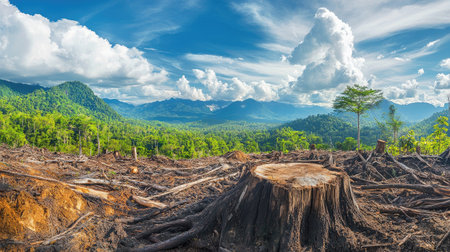 A stunning view of a deforested area showcasing a large tree stump in the foreground, surrounded by lush green mountains and dramatic clouds.の素材