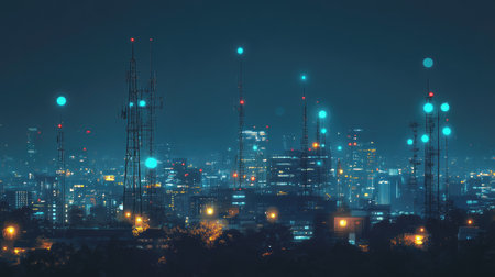 A stunning night view of a city skyline featuring communication towers illuminated under a clear sky. This image captures the vibrant urban landscape and modern technology at work.の素材