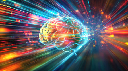 An abstract representation of a brain surrounded by vibrant light trails, symbolizing creativity and neural connections in a digital age. Ideal for themes of innovation and technology.の素材