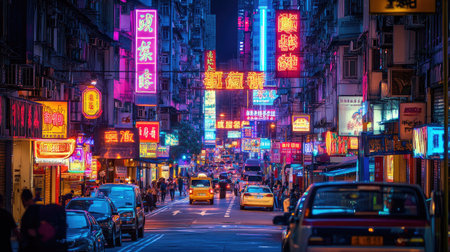 A captivating urban scene showcasing vibrant neon lights illuminating a lively street. Cars pass by as pedestrians stroll, reflecting the energy of city nightlife.の素材