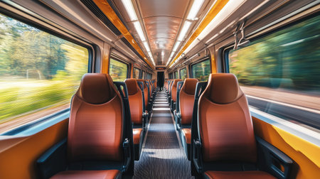 Experience the sleek design of a modern train interior featuring empty seats and a stunning motion blur, enhancing the sense of travel and adventure.の素材