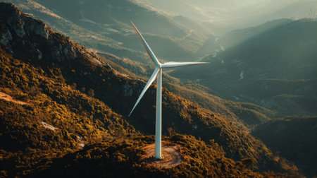 This stunning aerial photograph captures a wind turbine perched on a mountain, surrounded by lush greenery, showcasing renewable energy's role in beautiful landscapes.の素材