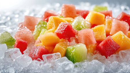 A vibrant display of fresh diced fruits resting on ice for a refreshing and colorful snack. Perfect for summer events, parties, or healthy desserts.の素材