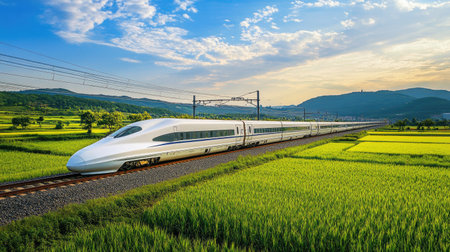 A sleek high-speed train glides through vibrant rice fields under a bright sky, showcasing modern transportation amidst picturesque rural landscapes.の素材