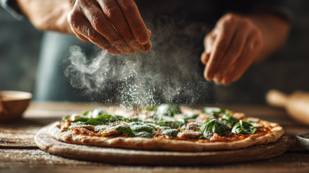 A skilled chef expertly sprinkles flour over a freshly made pizza topped with basil and other ingredients. The rustic wooden table creates a cozy kitchen atmosphere.の素材