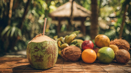 A fresh coconut with a straw stands prominently among a variety of colorful exotic fruits, set in a lush tropical environment, ideal for creating vibrant, refreshing imagery.の素材