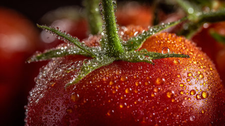 A stunning close-up of fresh red tomatoes covered in glistening water droplets, highlighting their vibrant color and inviting appearance for healthy cooking and eating.の素材