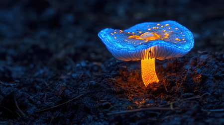 A striking bioluminescent mushroom illuminates the dark forest floor, emitting a beautiful blue light that enhances its unique features.の素材