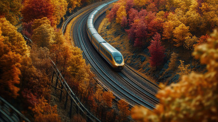 A stunning view of a train navigating a winding railway through a vibrant autumn landscape, showcasing colorful foliage in warm tones.の素材