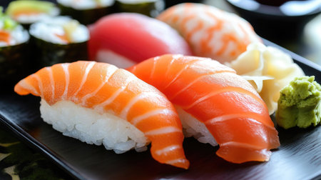 A vibrant sushi platter featuring fresh salmon nigiri, colorful rolls, and accompanying condiments like wasabi and ginger, perfect for any Japanese cuisine lover.の素材