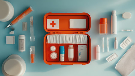A vibrant first aid kit arranged with essential medical items, showcasing key supplies needed for emergencies. Perfect for health and safety needs.の素材