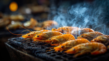 Succulent grilled shrimp sit on a barbecue grill, surrounded by wisps of smoke. The warm colors and textures create an inviting scene perfect for seafood lovers.の素材